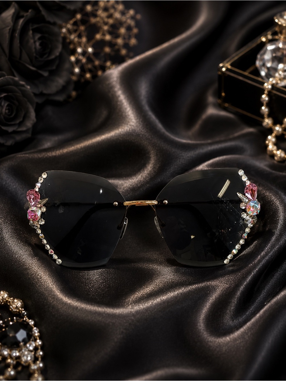 Black Rimless Sunglasses with Pink Crystal Accents